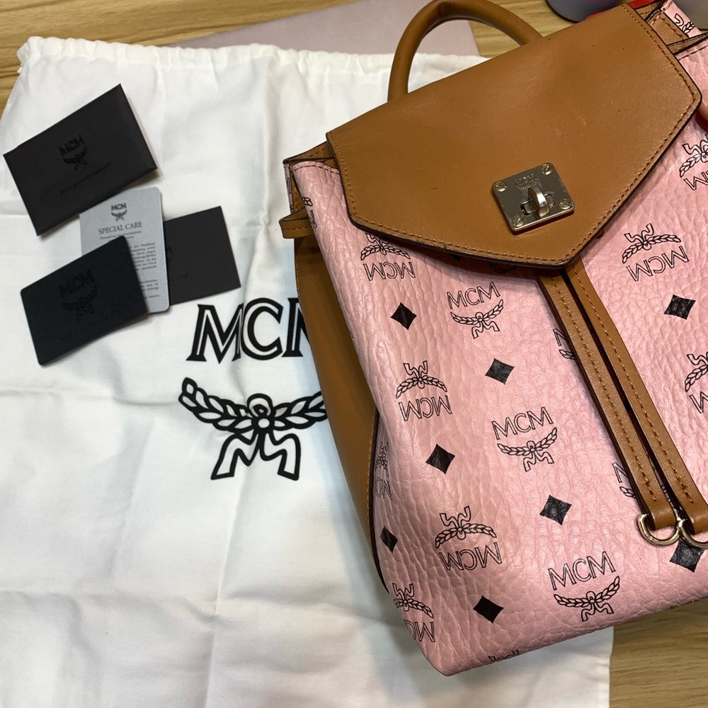 MCM Pink and Brown Logo Backpack